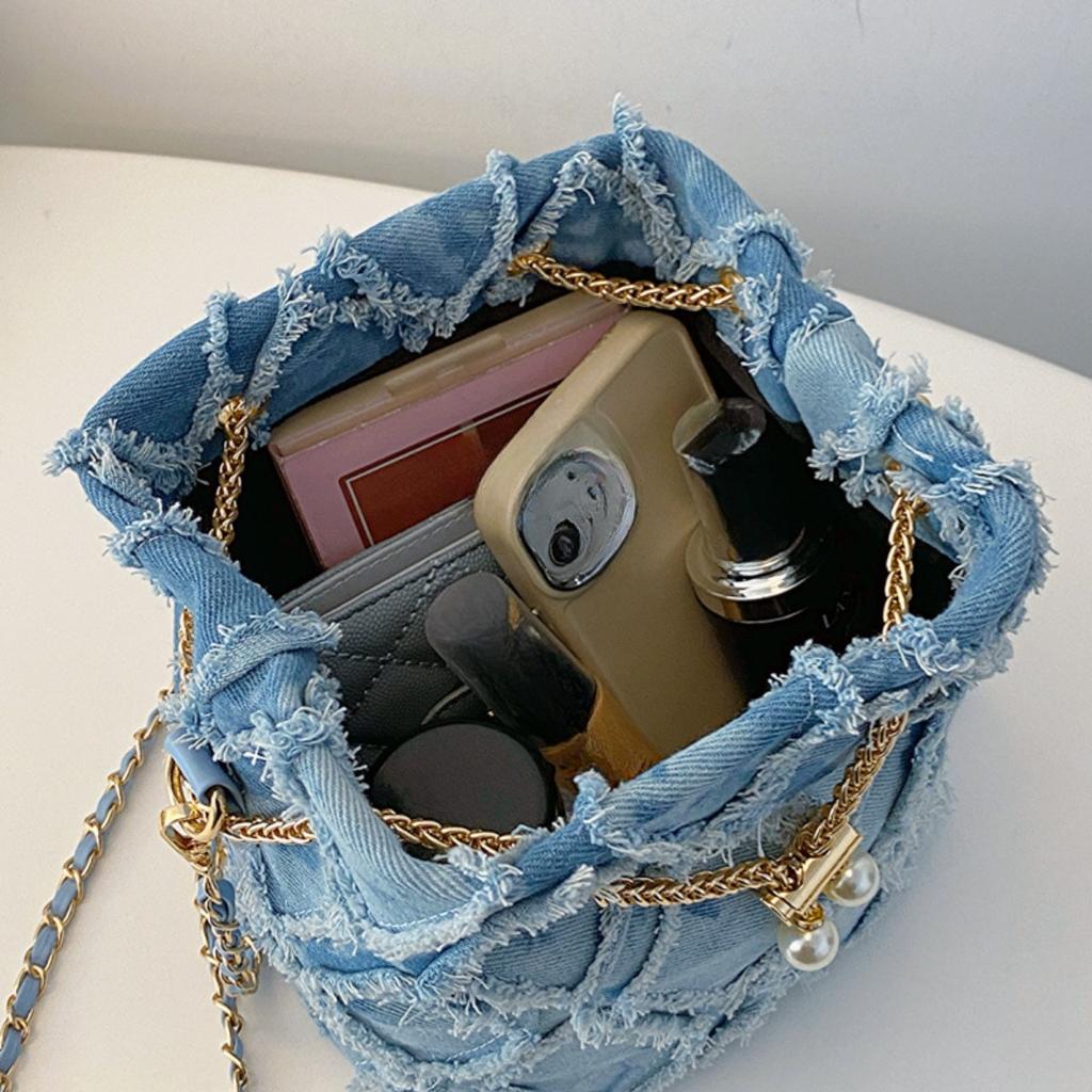 Ling Grid Řetízková Kbelíková Taška, Jednoduchá Crossbody Taška, Dámská Módní Ramenní Taška se Stahovací Šňůrkou a Střapcem