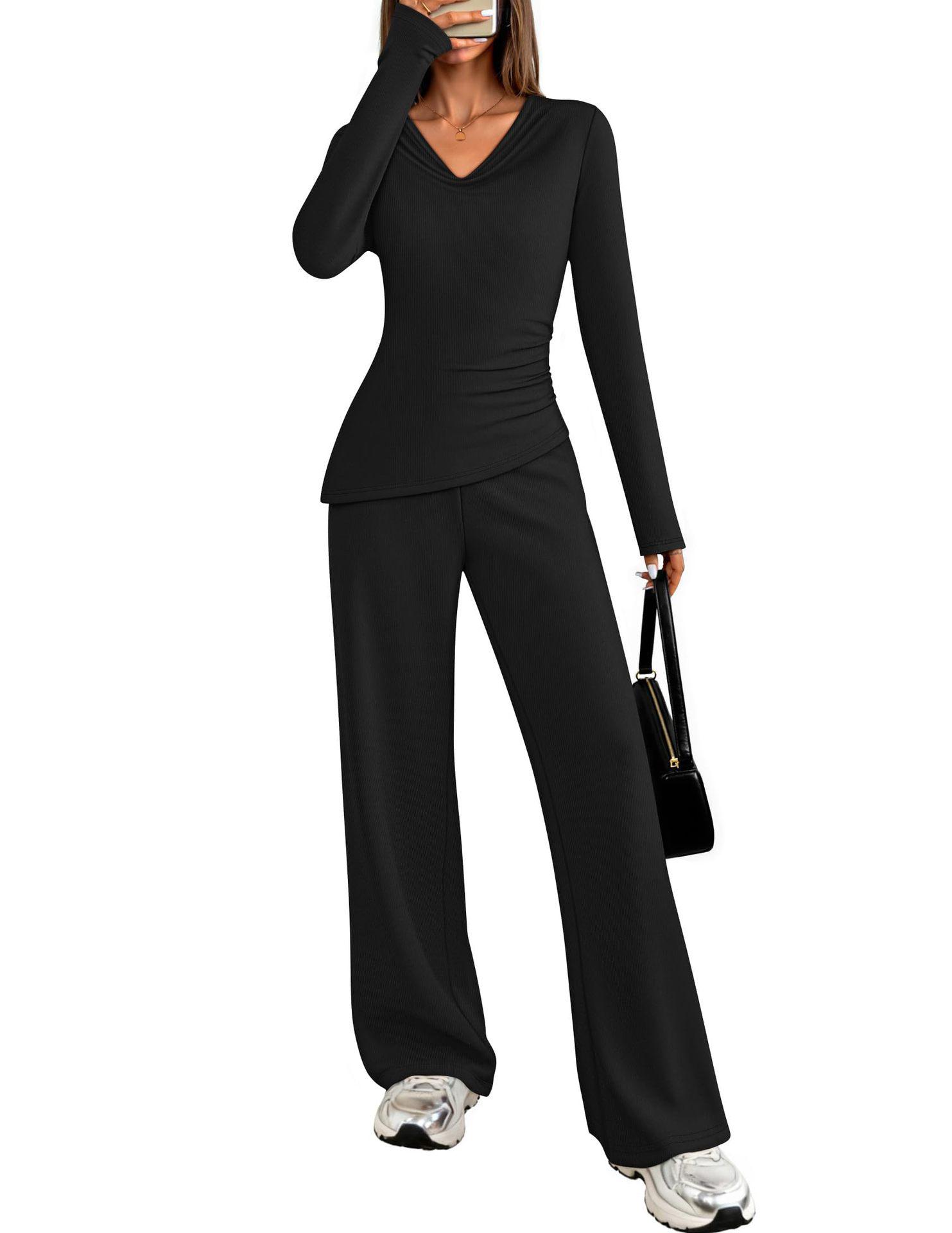 

Women s Asymmetrical Top & Wide-Leg Pants Two-Piece Set - V-Neck, Long Sleeve, Autumn Casual Style L