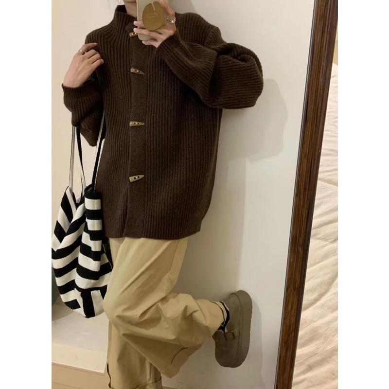 

Ленивый ветрозащитный свитер-куртка с пряжкой для женщин, новинка осени и зимы, свободный, универсальный, повседневный кардиган крупной вязки со стойкой для женщин One size