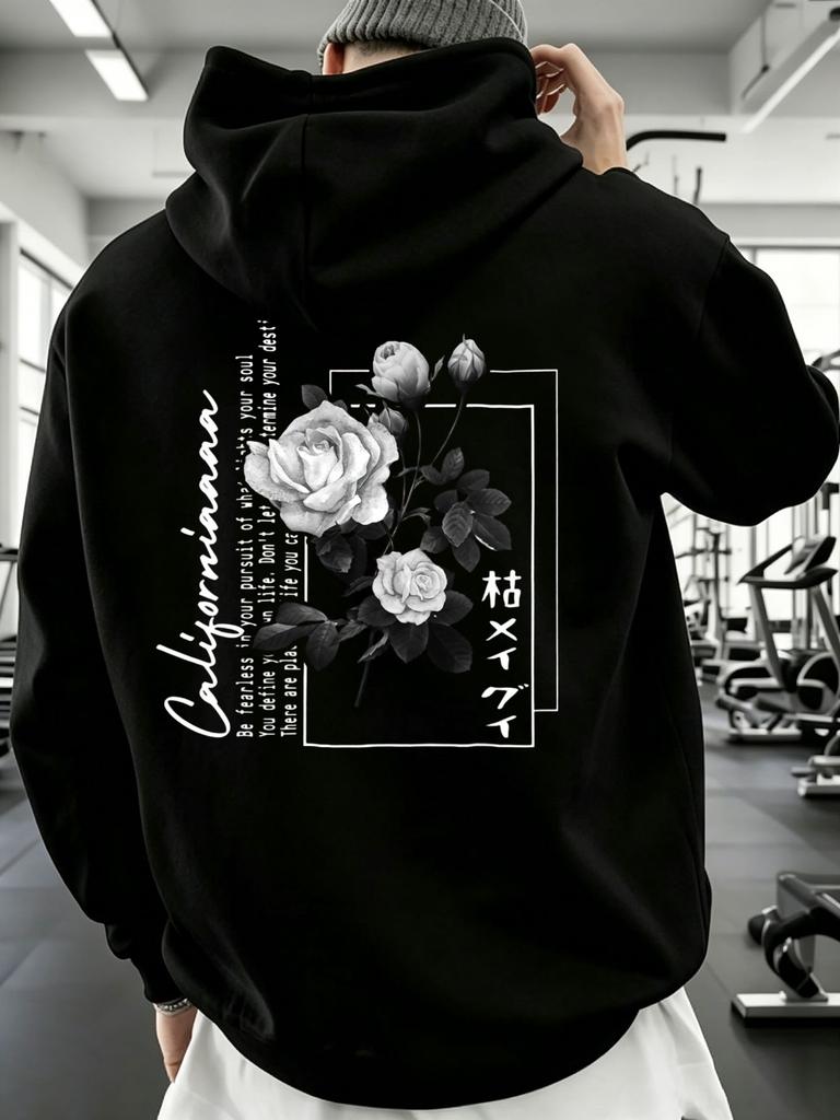Streetwear Style Hoodie, Rose Floral And Inspirational Quote Print Design, Gym Fitness Casual Wear Autumn Winter, Gift for Boyfrie