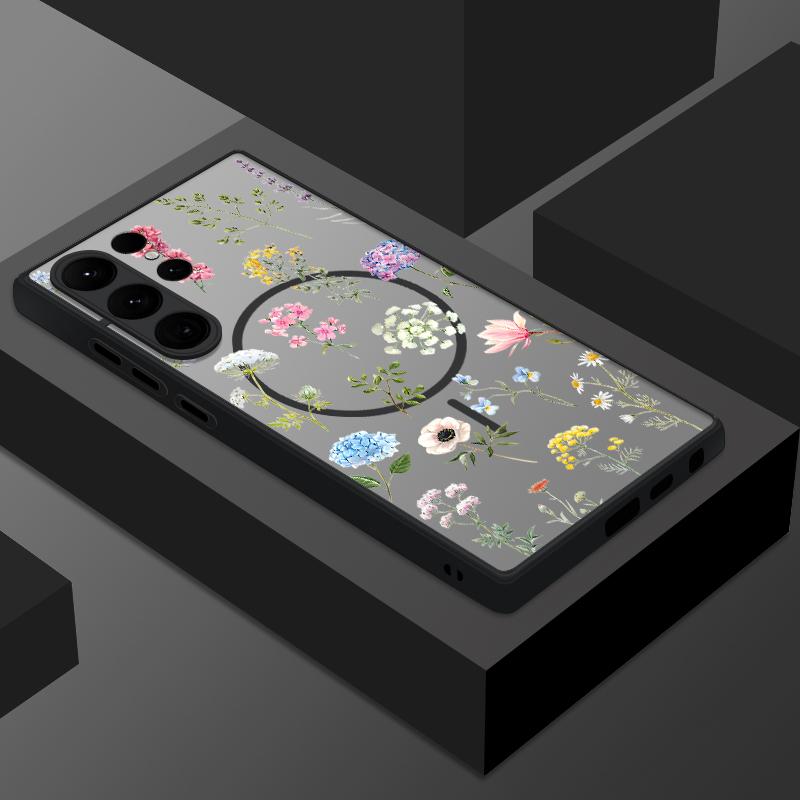 

Матовый прозрачный чехол для телефона с цветочным принтом для Samsung S25 Ultra S24 FE S23 Plus S22 S21 с беспроводной зарядкой, магнитный жесткий противоударный чехол-бампер с мягким краем Samsung S23 Ultra