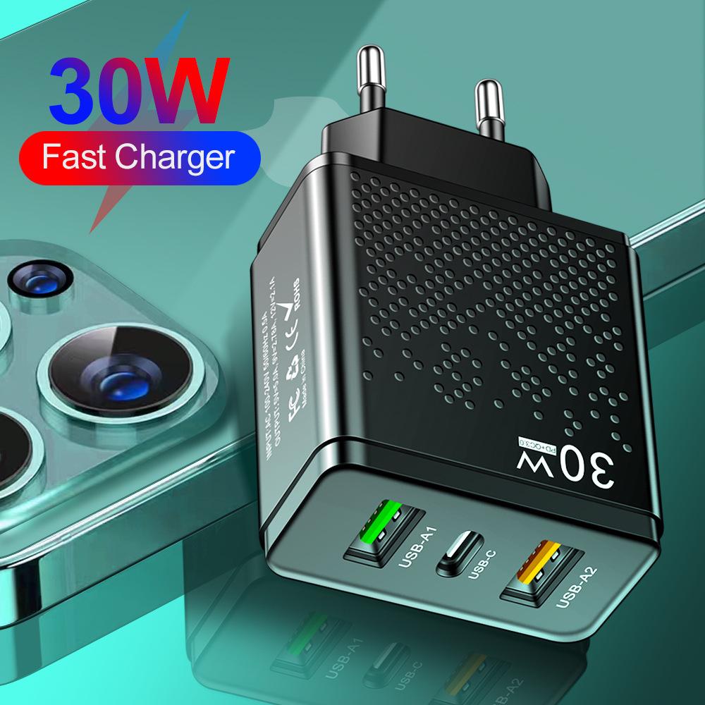 USB & Dual PD Type-C Multi-port Charger for US/EU/UK - 30W Travel Adapter