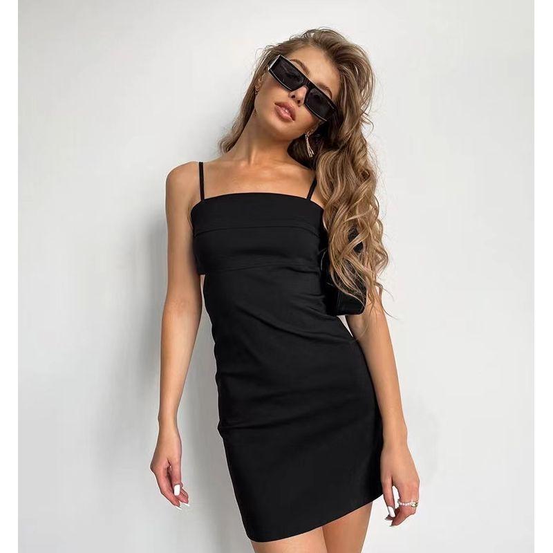 Fashion Wind Summer New Sexy Little Black Dress with Suspenders Waist-Tight Hollow Dress Sling Sexy Dress