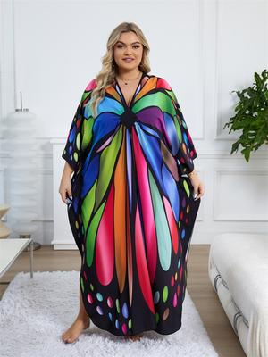 2024 Vintage Schmetterling bedruckte Sommer-Strandmode in Übergröße für Damen, Kaftan, Strand-Bikini-Überzüge, handgestrickt, V-Ausschnitt, Moo Moo Kleid Q1588