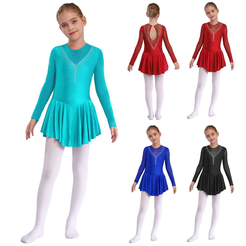 Kids Girls Rhinestone Patchwork Skating Dress Long Sleeve V-Back Hollow Design for Performances