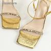 Sexy Golden Heels for Ladies Fashion Rhinestone Strange Style Heeled Sandals Ankle Straps Women's Nightclub Dress Shoes Size 35