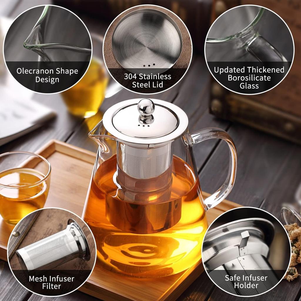 POKALOTEA PK4150M Glass Teapot, Large Capacity (1500ml Full Capacity), with Stainless Steel Strainer, Heat-Resistant (170°C), Serves 4-6, for Black