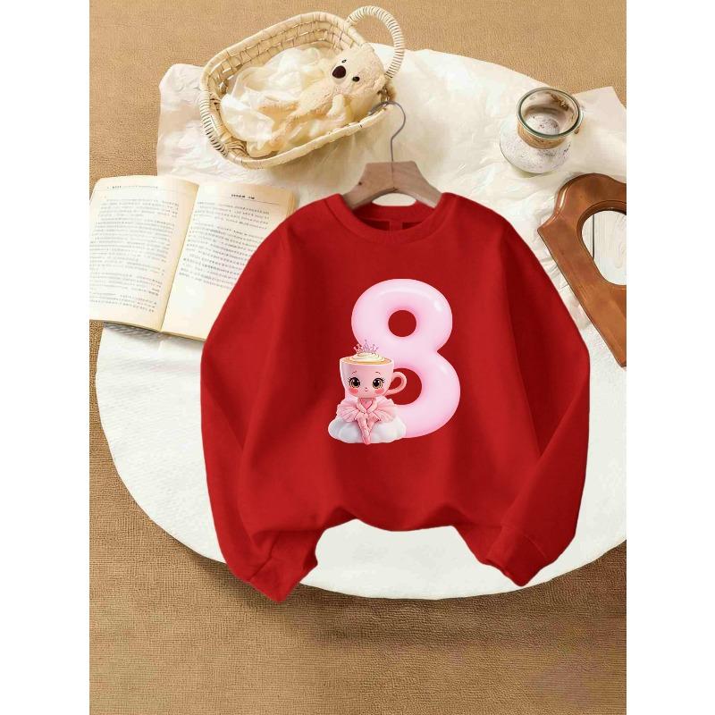 Kids Girls Crewneck Sweatshirt, Pink Number 8 Cute Ballet Coffee Cup Cartoon Birthday Print Soft Fleece Pullover For 8th Birthday