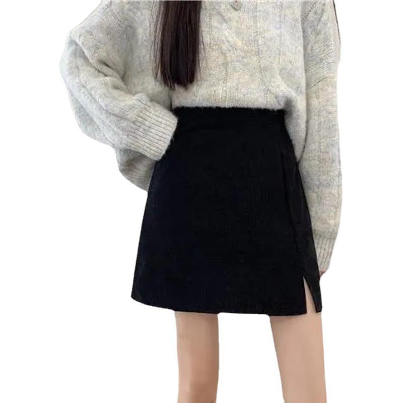 2022 Autumn/Winter Women's High-Waist Retro Corduroy A-Line Skirts: Anti-Exposure, Slim Fit, and Split Design