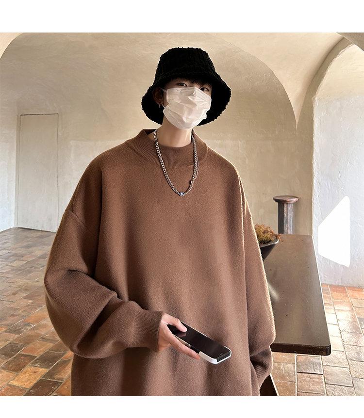 Men's Trendy Loose Round Neck Sweater - Spring/Autumn Solid Color Knitwear, Hong Kong Style Casual Outerwear