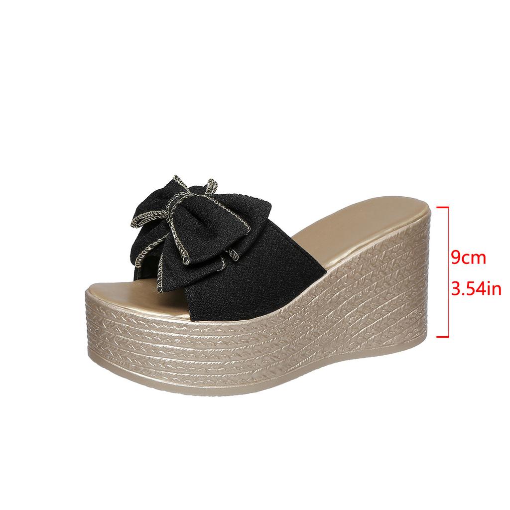 Aphixta Gold Sole Summer 9cm Wedge Heels Slippers Outside Women Sweet Bow Mulers Platform Sandals Clog Shoe Slides Plus Size 43