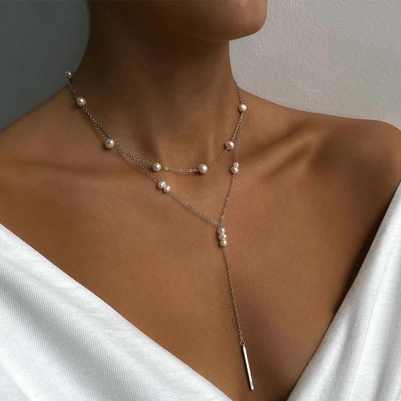 

New Pearl Tassel Necklace with Metal Simplicity Fashion Light Luxury Geometric Y Shape Collarbone Chain Beach Vacation Accessory