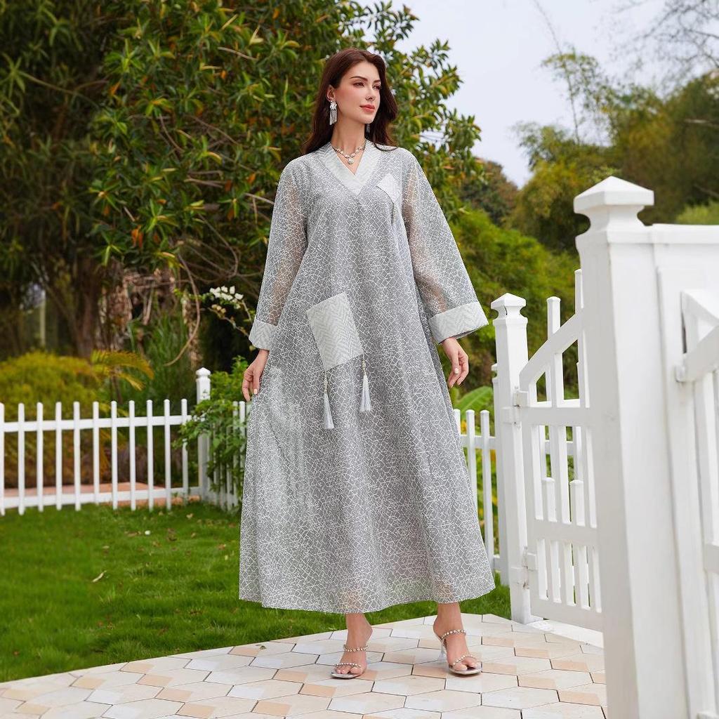 NC47 Middle Eastern Muslim Mesh Tassel Pendant Long Dress