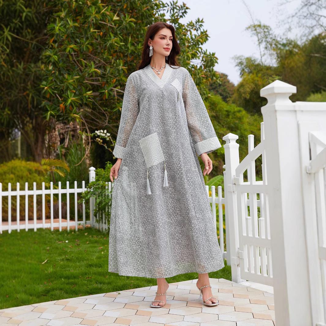 

NC47 Мусульманское платье миди с сеткой и кисточками XXL серый