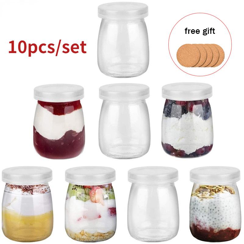 

100 мл 10 шт мини-банки для йогурта стеклянные стаканчики для пудинга с полиэтиленовыми крышками контейнеры горшочки идеально подходят для молочных желе меда специй мусс