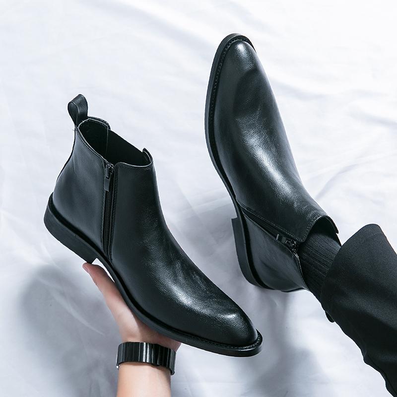 Chelsea Boots Spitz Hoher Schaft Leder Schuhe Friseur Martin Stiefel Reißverschluss Innen Erhöhend Freizeitstiefel