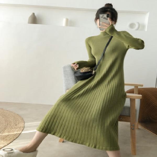 

Plus Size Semi-High Neck A-Line Wool Dress - Autumn/Winter Over-the-Knee Knitted Style M for up to 60kg зелений/авокадо