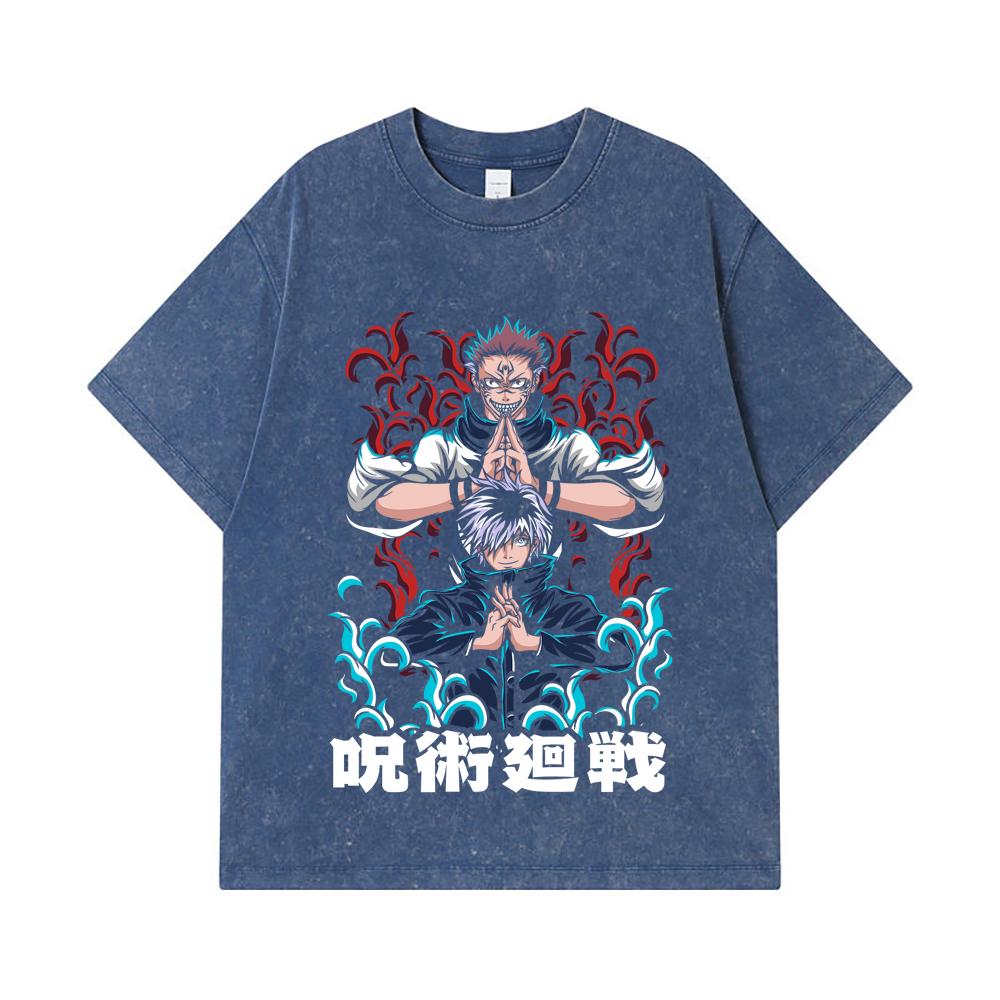 275 GSM Washed T-shirts 100% Cotton Jujutsu Kaisen V49 Gojo Sukuna Print Unisex Heavy Cotton T Shirt