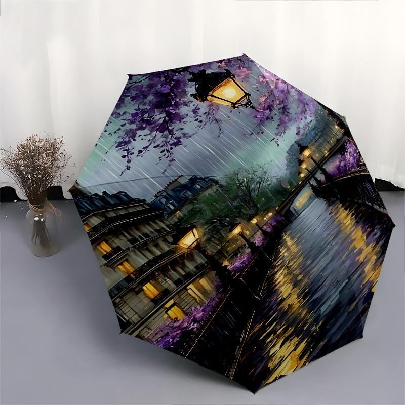 Ombrello Automatico Apri e Chiudi a Tema Fiori Viola del Canale Parigino, Ombrello Portatile Colorato con 8 stecche, Adatto per Uomini e