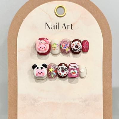Unhas artificiais artesanais, donut, urso fofo, cor doce, estilo curto, conjunto de unhas postiças com cola, reutilizáveis e removíveis, pressione as unhas