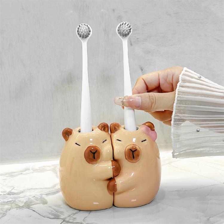 Pair Of Hugging Capybaras Toothbrush Holders Ceramic Waterproof Bathroom Decoration For Couple With Stable Base