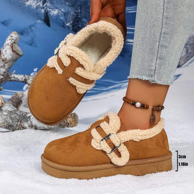 Fashion Soft Thick Bottom Furry Casual Shoes Women 2025 Winter Warm Short Plush Flats Shoes Metal Buckle Non Slip Snow Boots for Woman