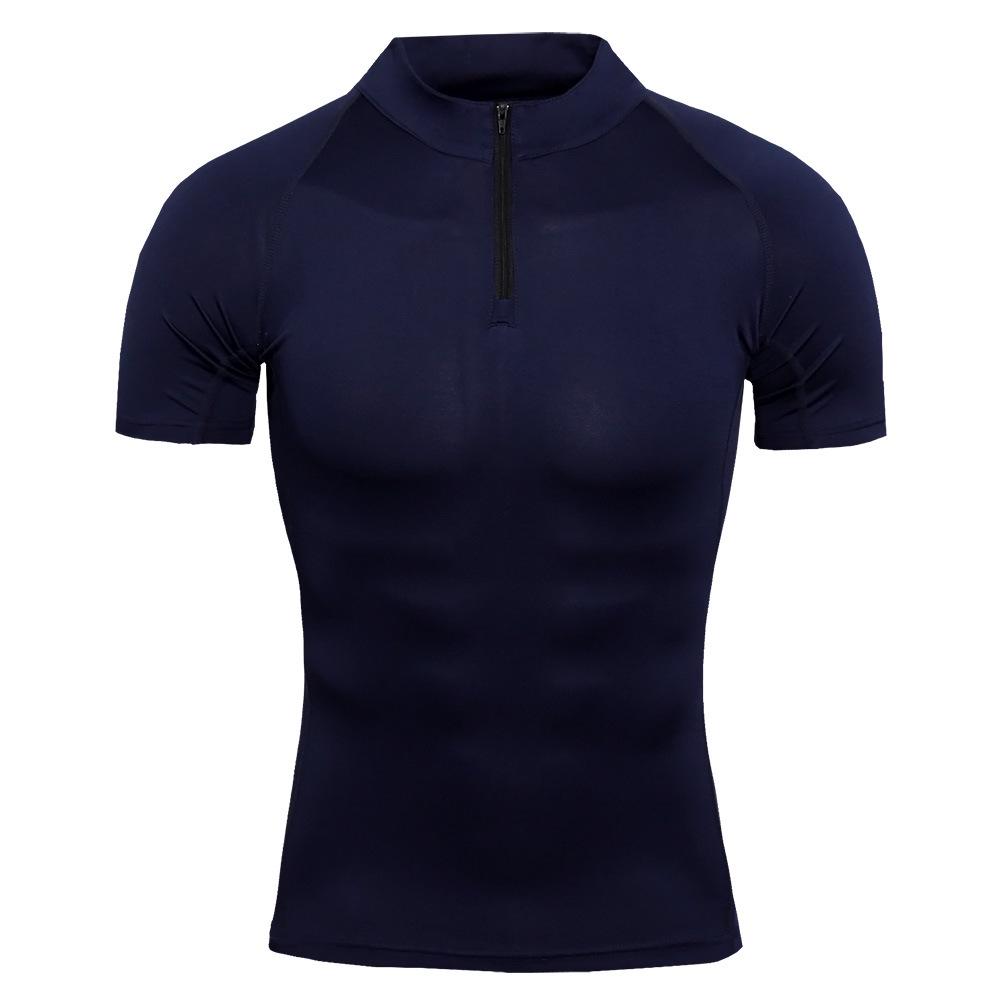 Men's Stand Collar Zipper Fitness Short Sleeve Training Stretch T-shirt Sports Quick-drying Clothes