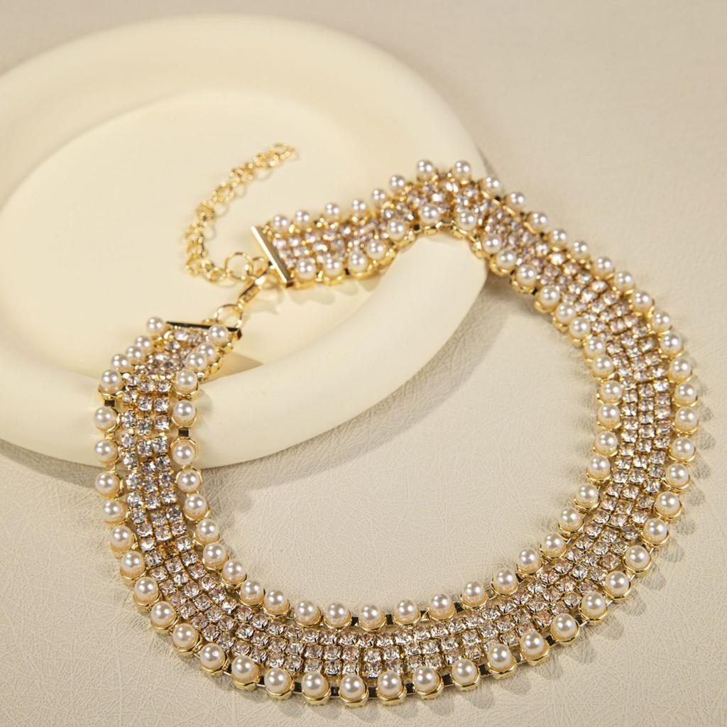 Collana Catena a Artiglio Metallico Multi-strato Esagerata, Collana Catena Orologio Esagerata alla Moda con Strass e Perle Finte