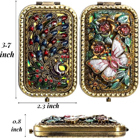 2 Pcs Vintage Foldable Makeup Mirror, Portable Cosmetic Pocket Mirror, Double Sided Butterfly Peacock Vanity Mirror, Metal Compact Small Folding
