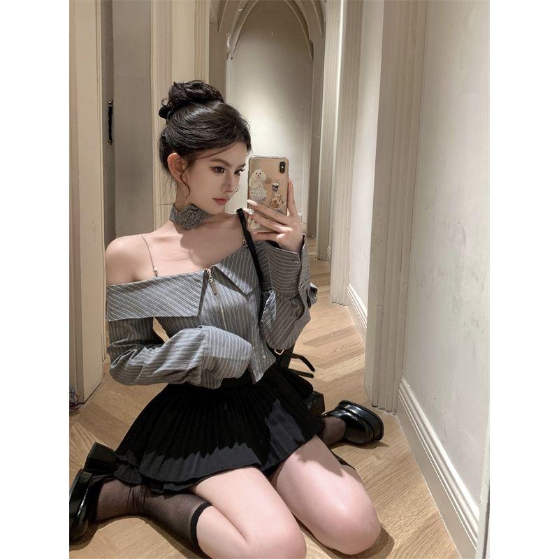 Kumikumi Design Sense off-Shoulder Flower Hanging Neck Stripe Shirts Women Clothes Autumn Slimming Skirt Two-piece Set