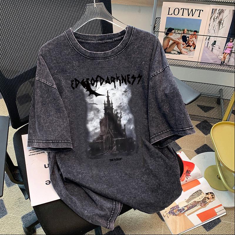 Women s Washed Distressed Short-Sleeve Retro Heavy Cotton T-Shirt L чёрный
