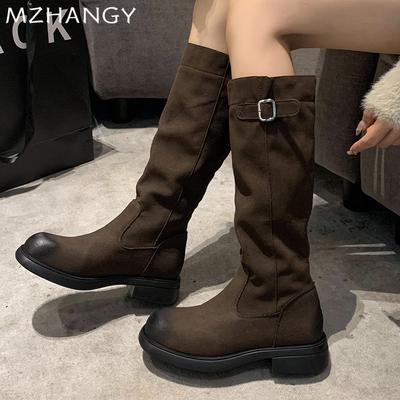 Fashion Women Suede High Boots Flats Knee High Shoes Woman 2025 Trend Winter Designer Retro Dress Goth Warm Motorcycle Boots Mujer Botas