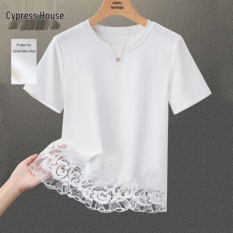 Siboshe Women s Lace Patchwork Round Neck Short Sleeve T-Shirt L