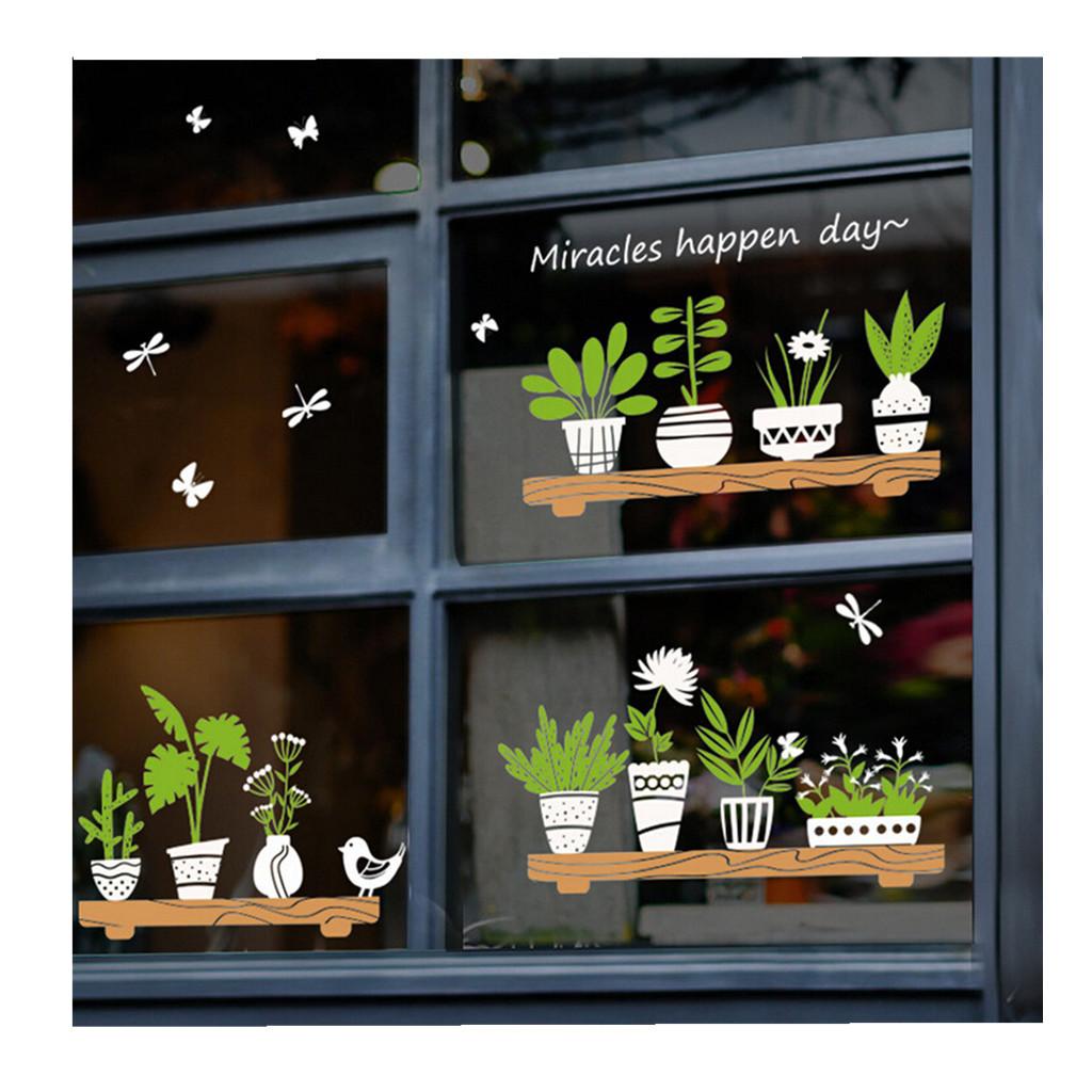 

Window Stickers Green Plant Potted Print Happy Day Letters Shop Glass Door Cafe Decoration Wall Stickers Accessories One Size разноцветный