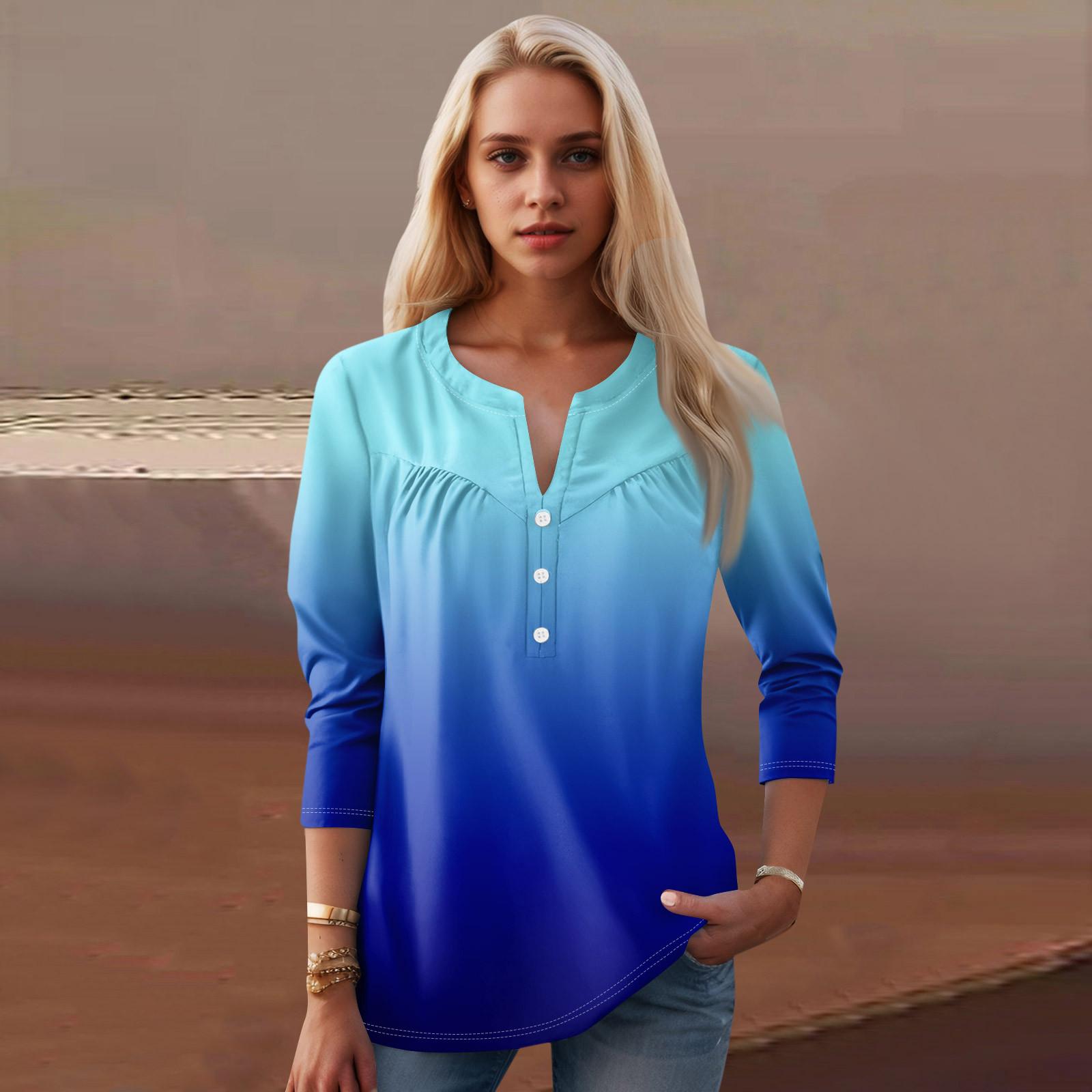 

Женская мода повседневный топ с длинным рукавом и круглым вырезом с цветочным принтом XL небесно-голубой