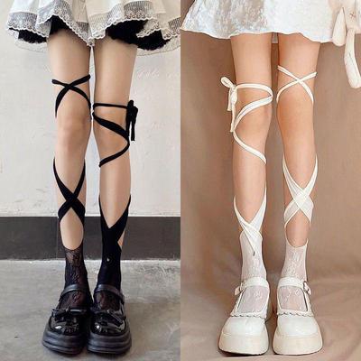 Mu Ruan Lace-Up Cross Lolita Mid-Tube Split Toe Socks - Cute Sweet Japanese Style for Women