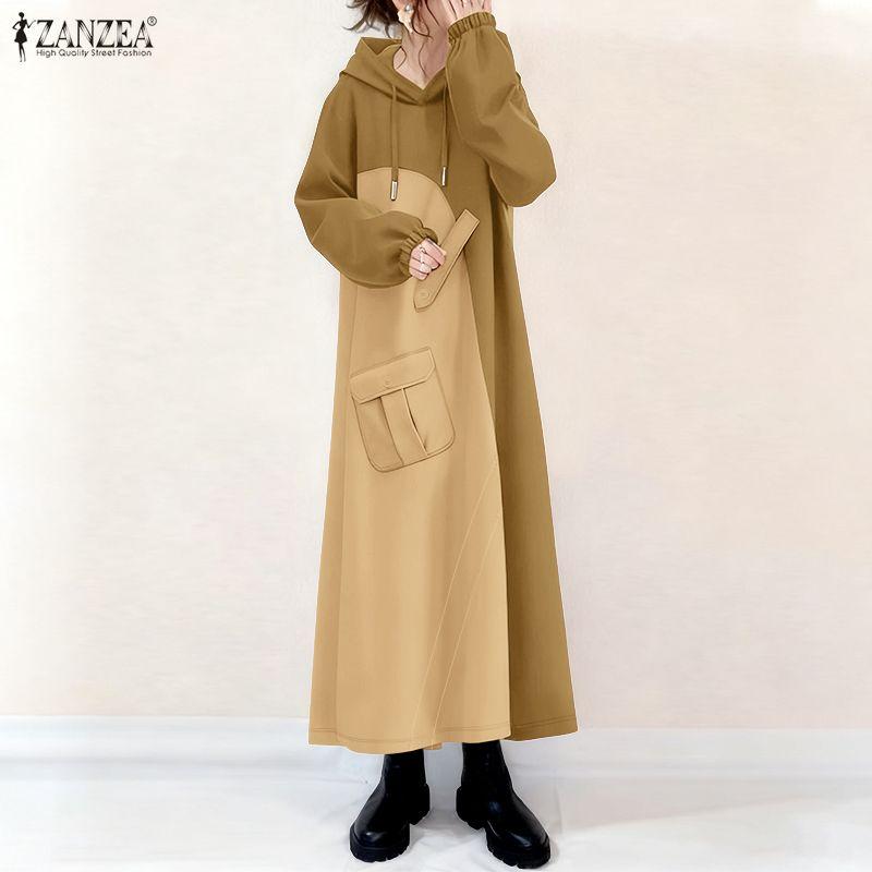 ZANZEA Women Hoodies Casual Long Sleeve Patchwork Sweatshirt Dress