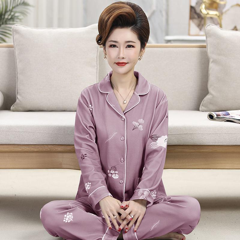 Middle-aged women's 100% pure cotton pajamas women's summer long-sleeved pajamas middle-aged and elderly mother loungewear thin suit