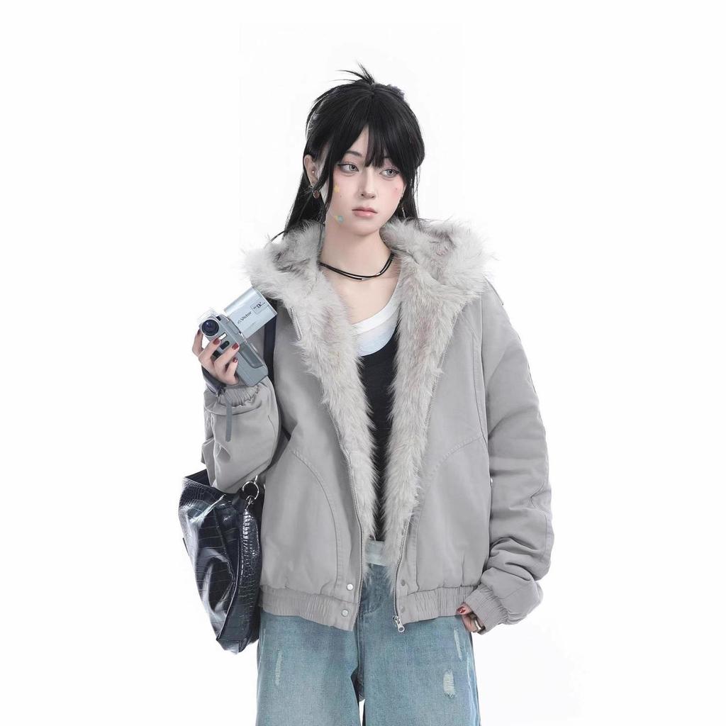 Retro Fur Collar Hooded Cotton Coat Women'S Winter Feeling Thickened Plush Cotton Coat