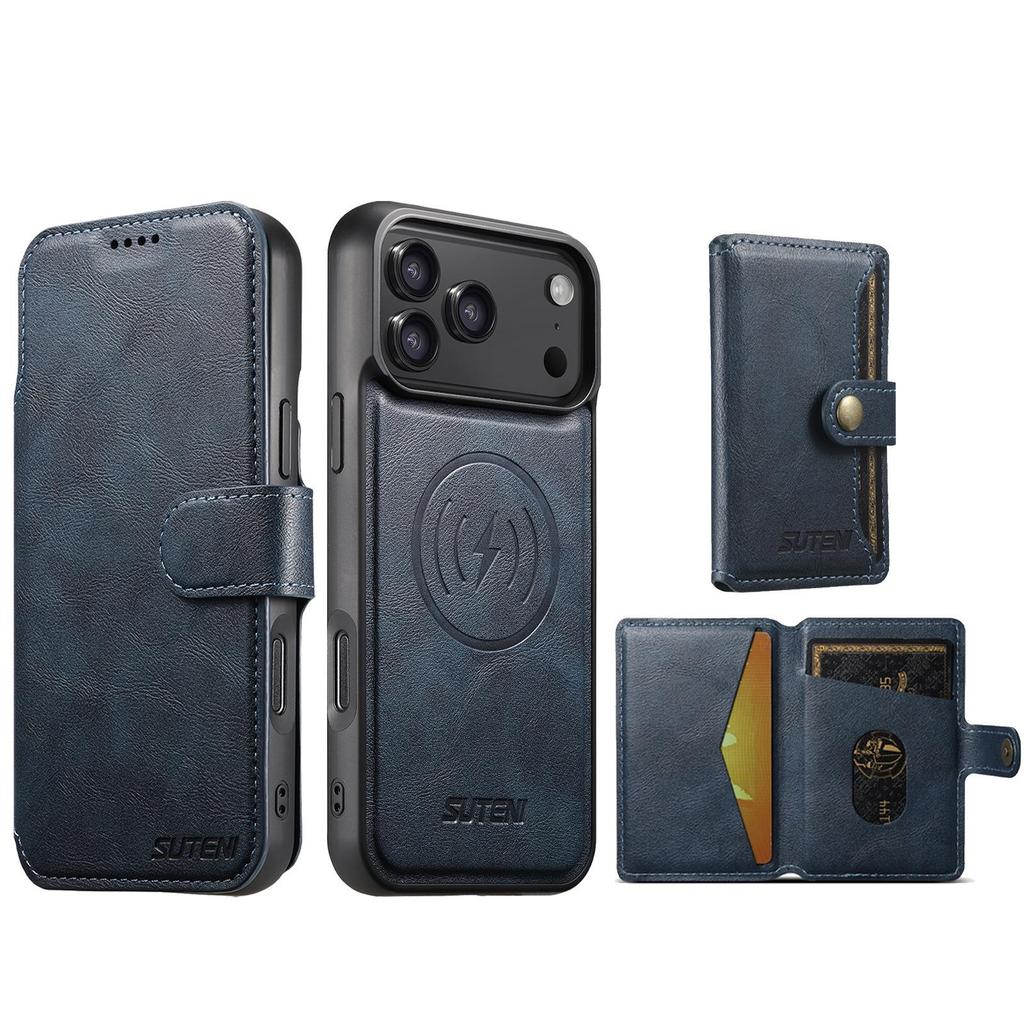 Skórzane etui z klapką iPhone 17PM z przegródką na karty, zapięciem magnetycznym, podstawką do ładowania bezprzewodowego