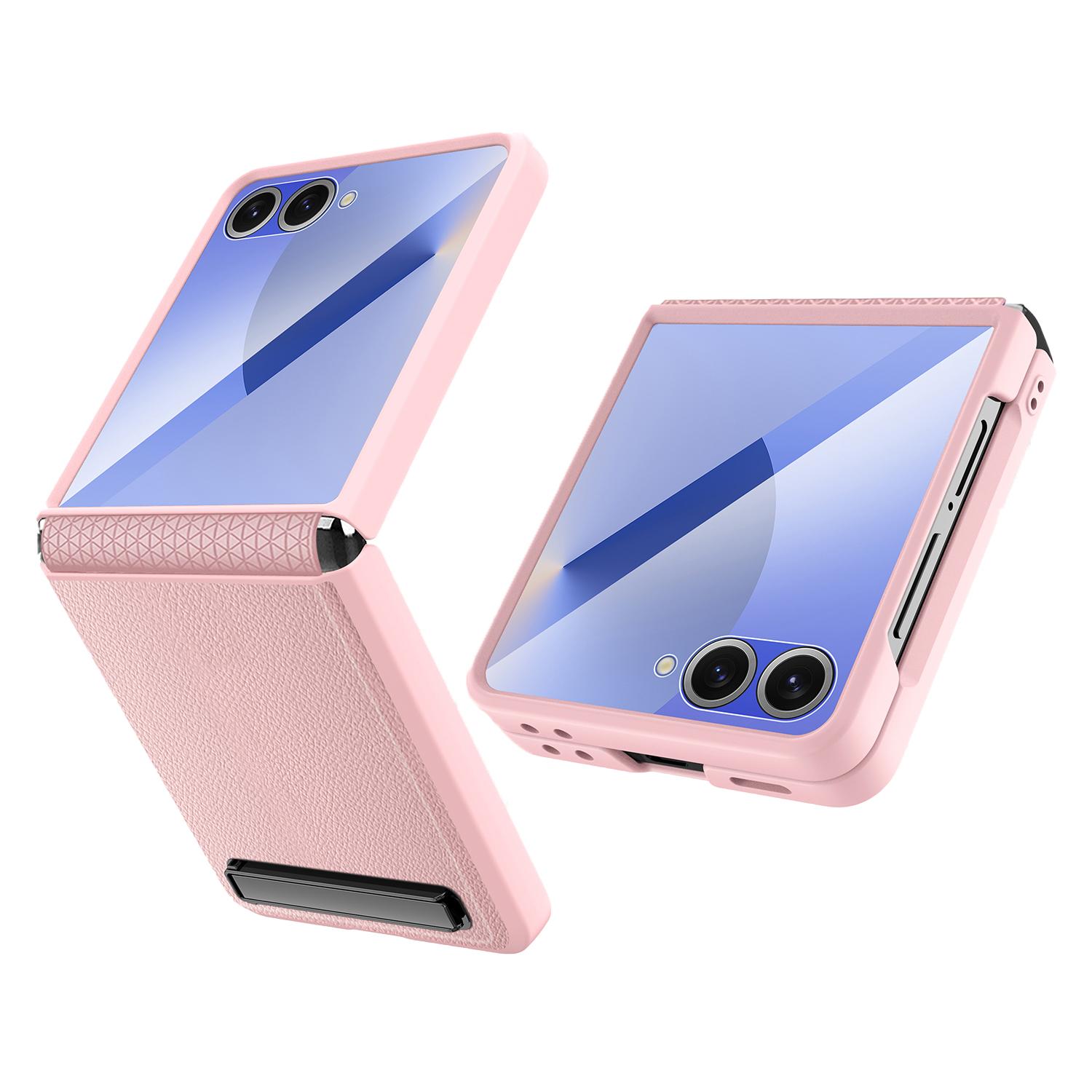

For Samsung Galaxy Z Flip7 5G Case Kickstand PC+PU Phone Cover with Screen/Lens Film Pink