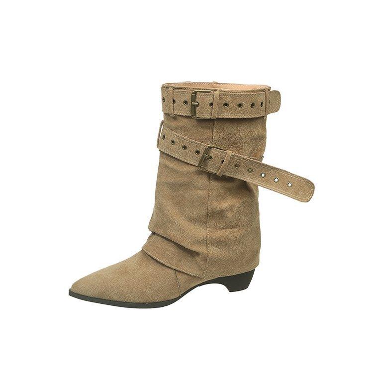 American Spice Girls~ 2025 Autumn and Winter New Belt Buckle Pants Boots Height Increasing Pointed Short Boots Women's Western Cowboy Boots