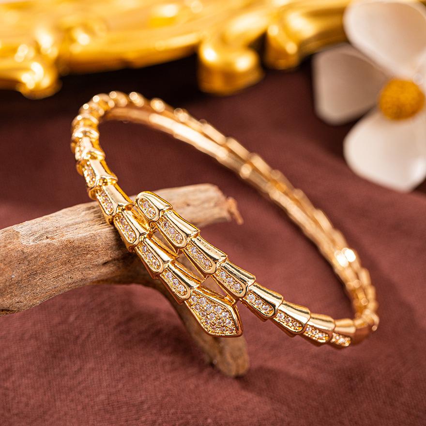 European American High-End Fashionable Light Luxury Gold Plated Snake-Shaped Open Zircon Cuff Bracelets Women New Cross-Border