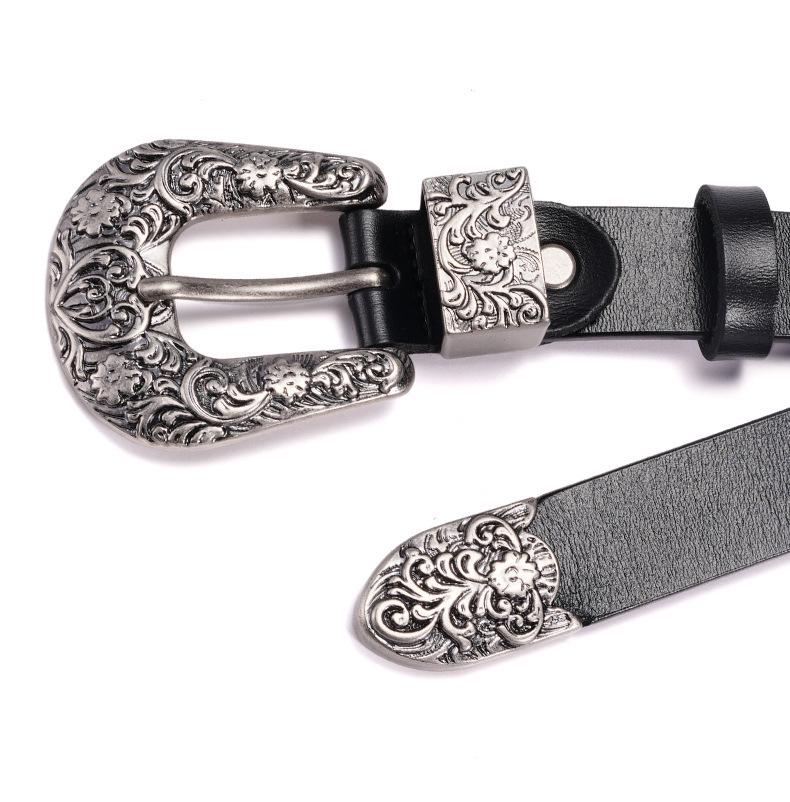 Women's Retro Carved Black Genuine Leather Belt with Pin Buckle