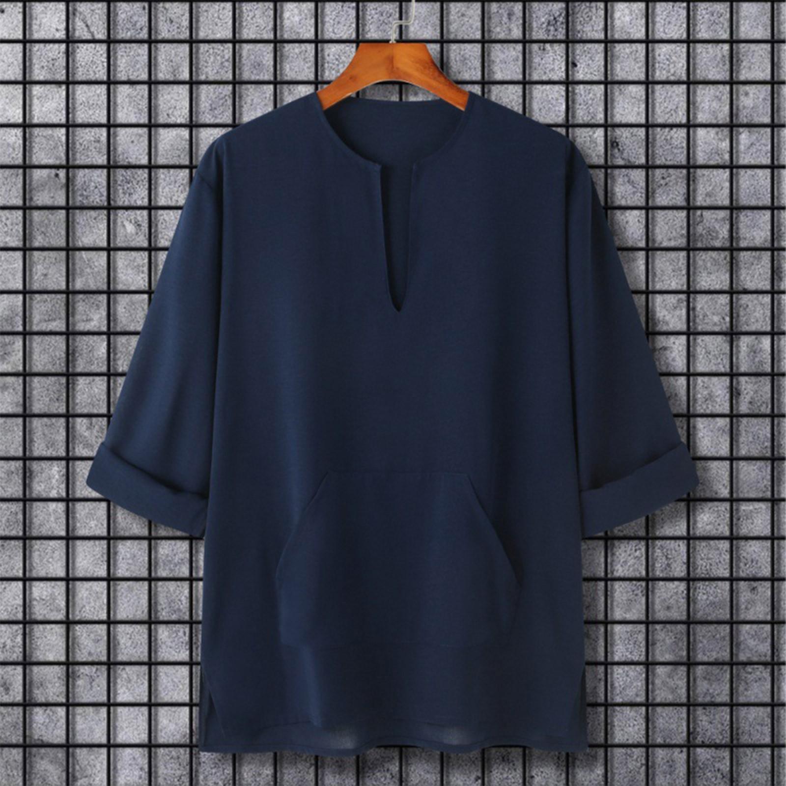 

Мужская однотонная повседневная рубашка с круглым вырезом и глубоким V-образным вырезом XL тёмно-синий