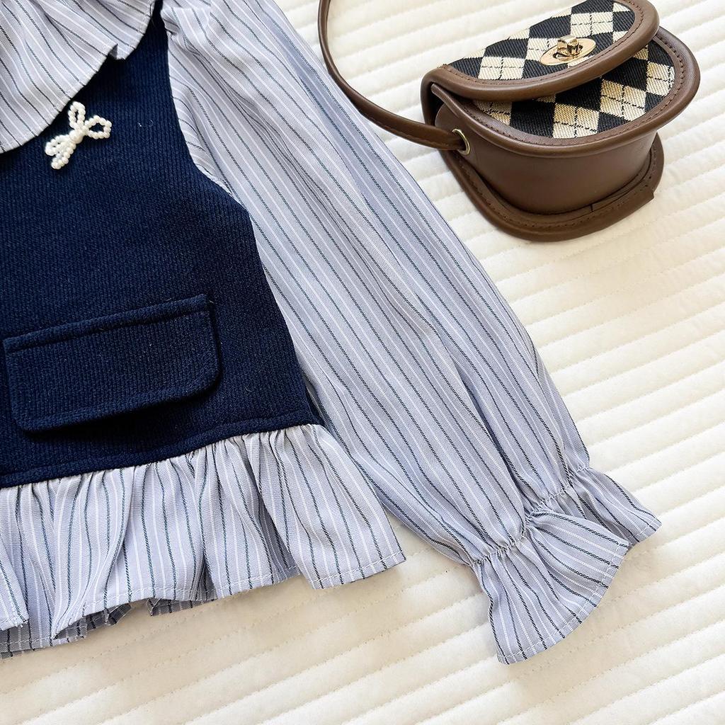 Girls' Autumn 2026 Trendy Patchwork Top and Striped Flare Pants Two-Piece Set