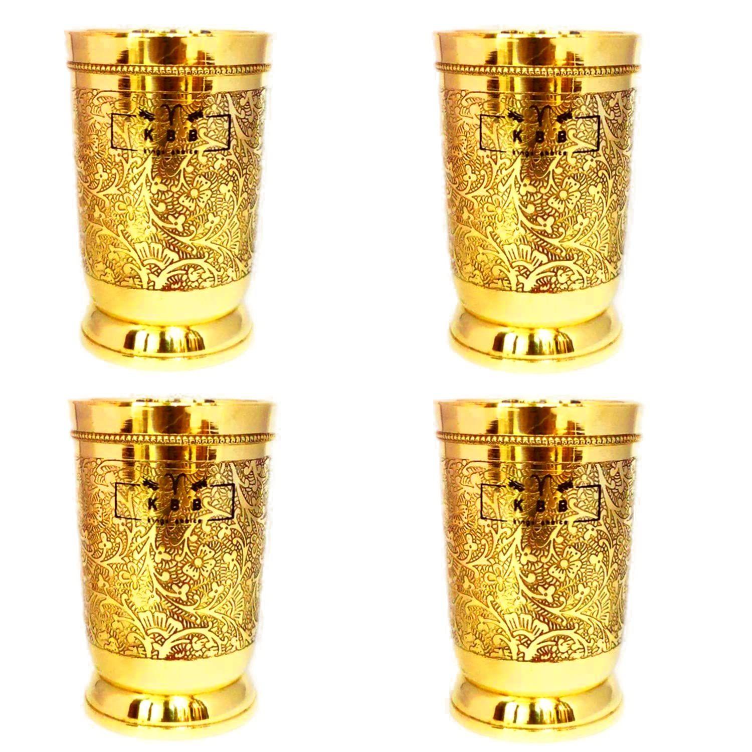 

Pure Brass Glass Tumbler with Etching Art Finish, Indian HANDWORKED, (Pack of 4)