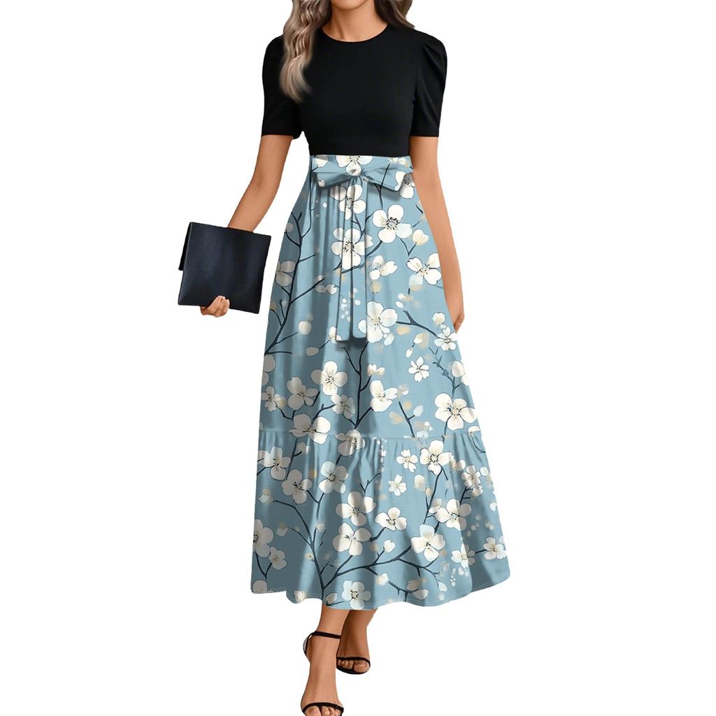 Ladies Fashion Casual Belt Short Sleeve Round Neck Floral Print Splicing Elegant Temperament Dress