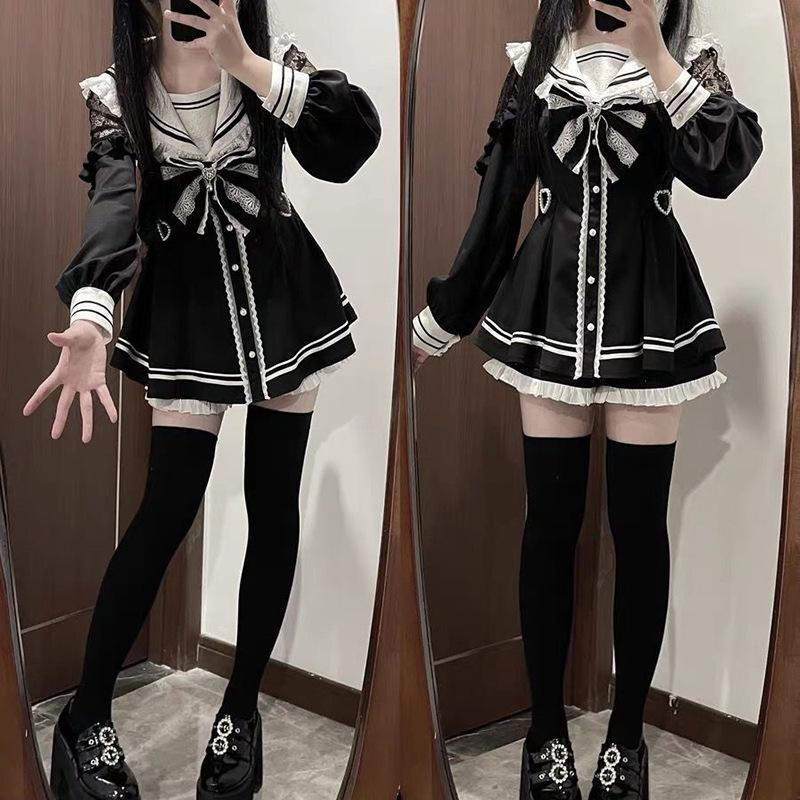 Women Vintage Sweet Long Sleeve Button Shirt Party Dresses Slim Mini Dress Japanese Style Gothic Y2k Lolita Bow Dress Shorts Set