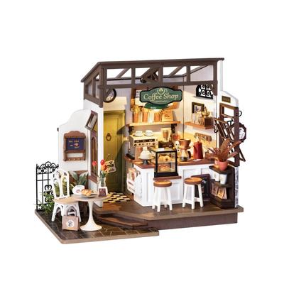 Rolife Miniature House Cafe Coffee Shop Miniature House Kit Dollhouse DIY 3D Puzzle LED Handmade Kit Assembly Wooden Puzzle Wood Craft Illustrated